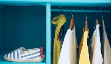 blue shelf with pair of slip-ons and five clothes