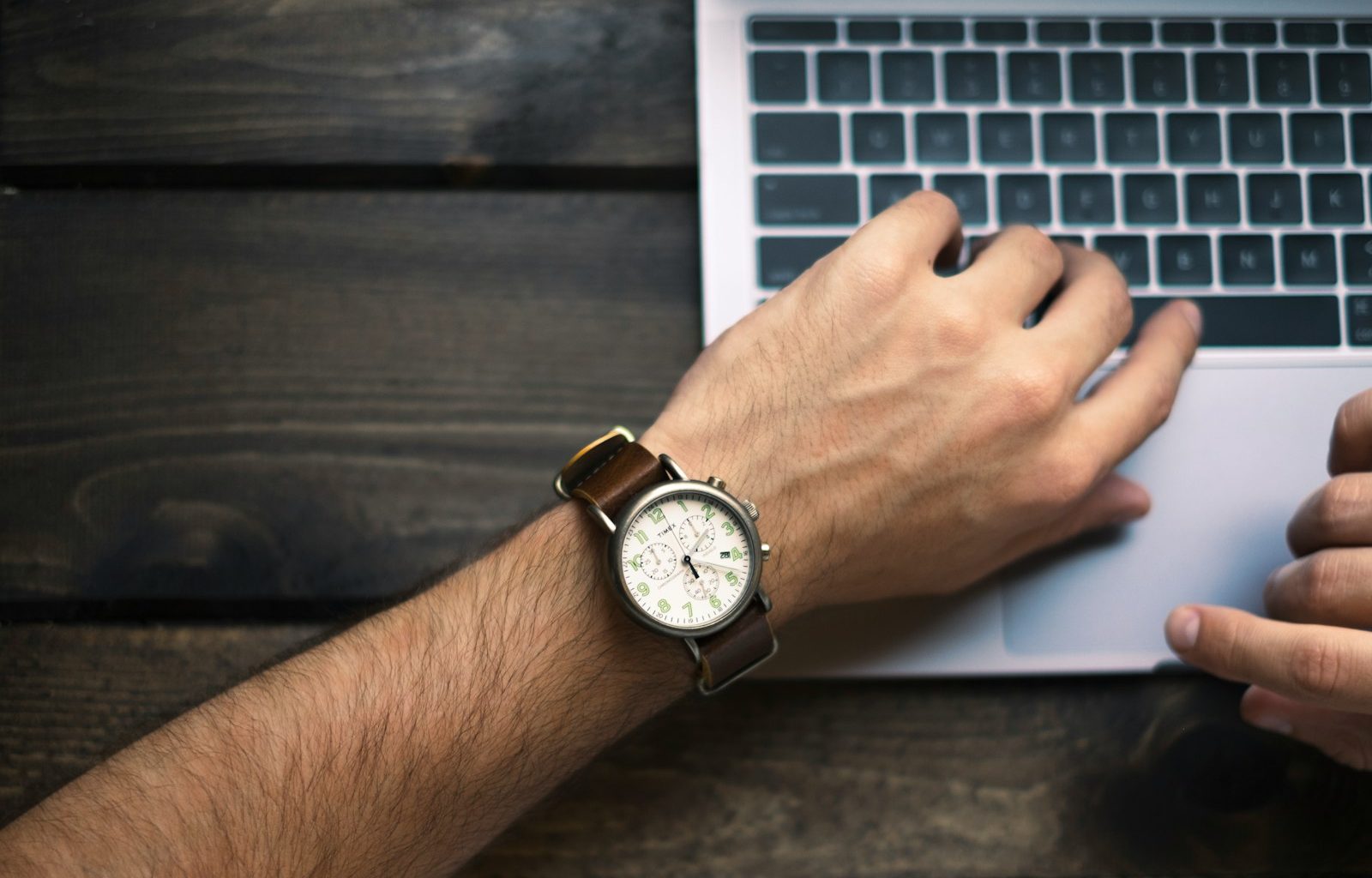 person wearing brown and white watch